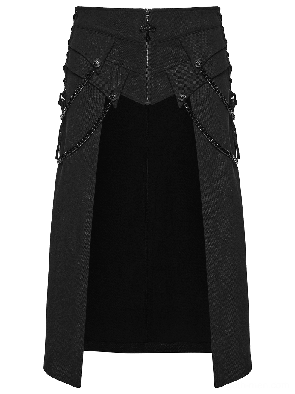 Black gothic kilt flat lay back view showing lace-up closure with double chain decorations and high waist structure