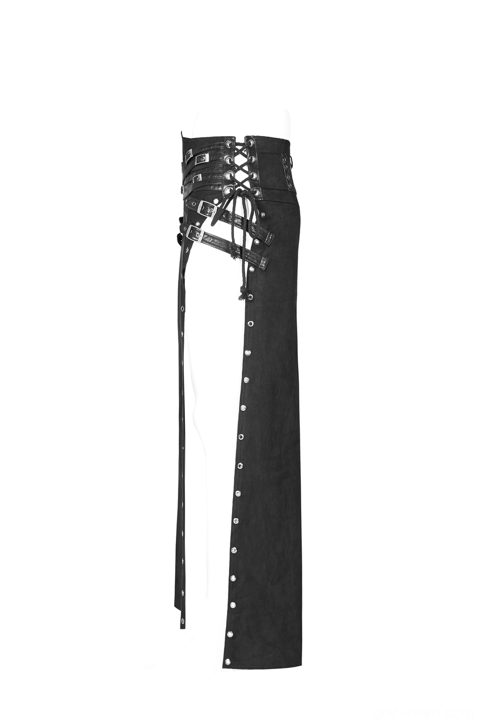 Black gothic kilt left side view on mannequin featuring waist lace-up detail, metal grommet trim, and strategic split design