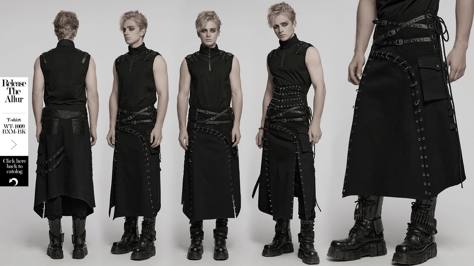 Black Asymmetric Gothic Kilt - Full Front Model Perspective Featuring All Design Elements and Proportions
