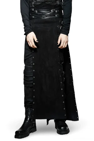 Black gothic kilt with metal grommets front view on male model, showing layered waist buckles and split side design