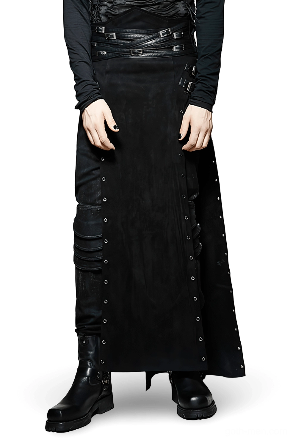 Black gothic kilt with metal grommets front view on male model, showing layered waist buckles and split side design