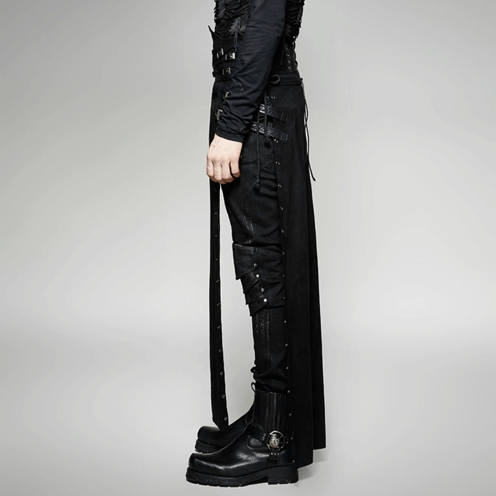 Black gothic kilt worn on male model showing fit and drape, metal hardware placement, and darkwear styling