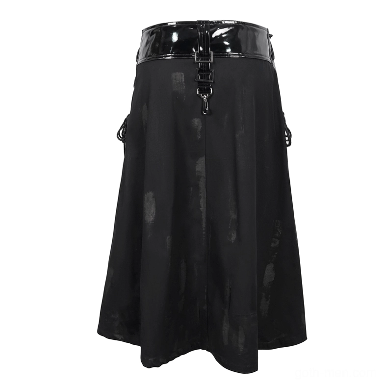 Wide patent leather waist belt of black gothic kilt with central metal clasp and industrial hardware accent details