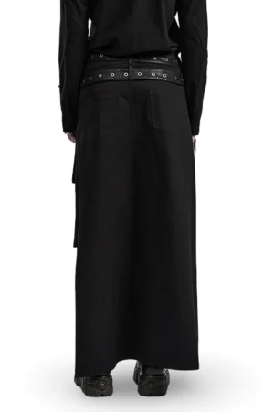 Black Gothic Asymmetrical Utility Kilt rear view showing full-length sweeping back hemline on model