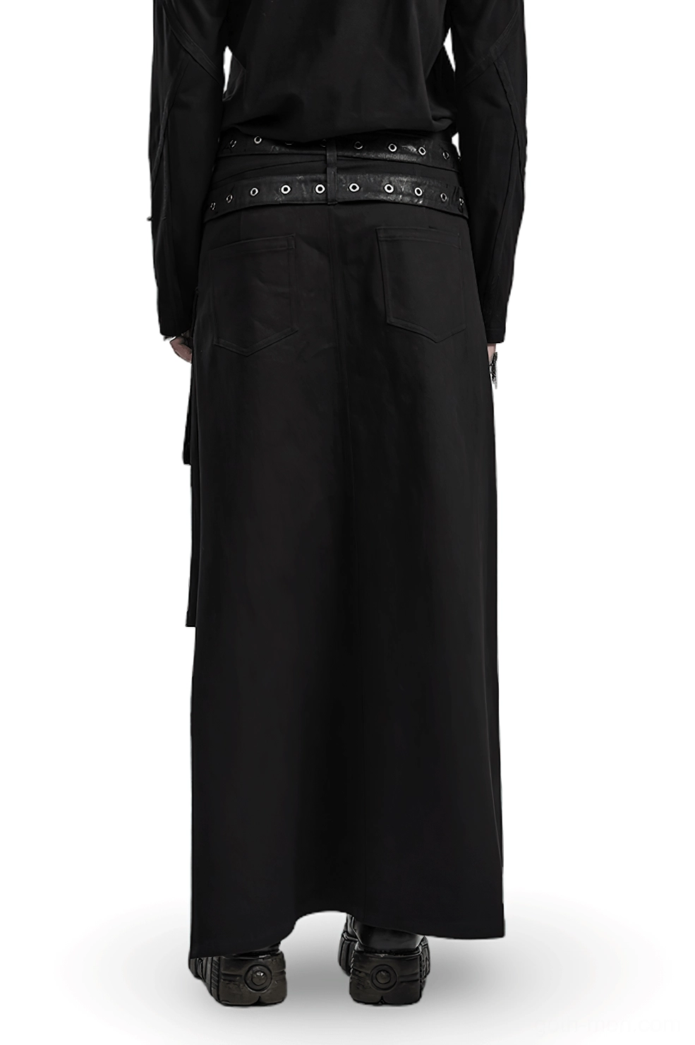 Black Gothic Asymmetrical Utility Kilt rear view showing full-length sweeping back hemline on model