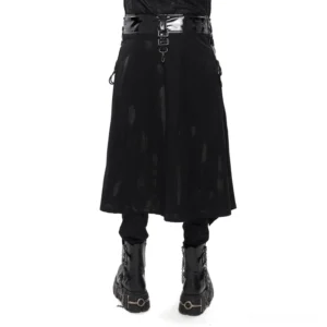 Rear view of black gothic kilt skirt showing patent leather waist clasp and back panel details on male model
