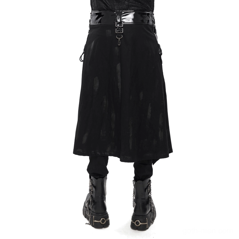 Rear view of black gothic kilt skirt showing patent leather waist clasp and back panel details on male model