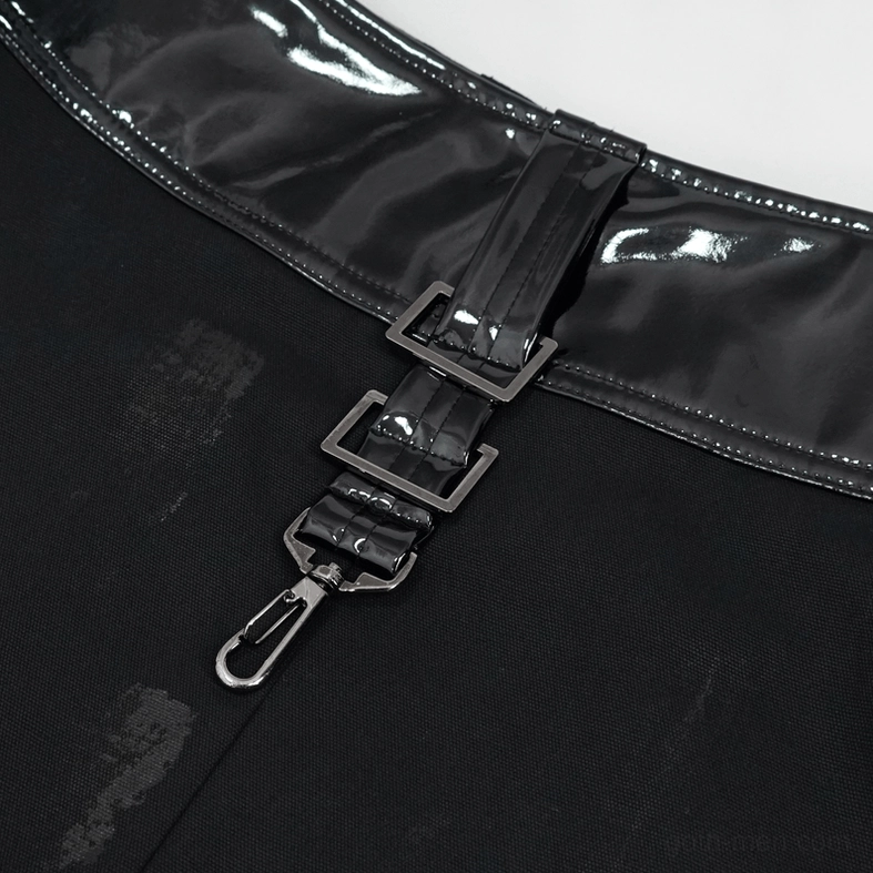 Side detail view of black gothic kilt showing leather texture, rivet patterns, and clasp mechanism functionality