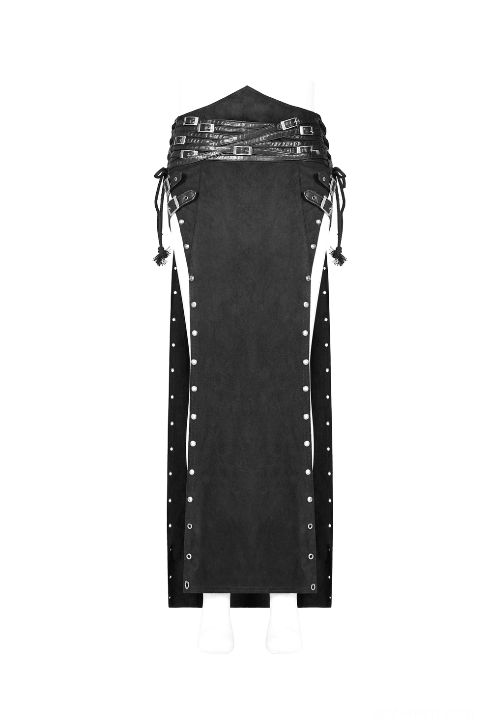 Black gothic kilt front flat display showing faux suede texture, side lace-up details, and metal eyelet rows