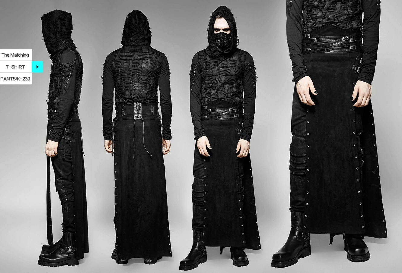Black gothic kilt side profile on mannequin displaying fitted waist, split design, and metal trim placement