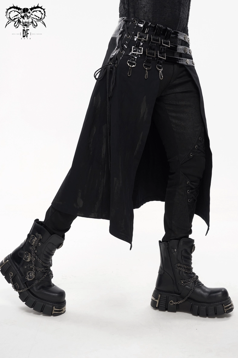Side profile view of male model in black gothic kilt showing chunky platform boots and side drawstring details