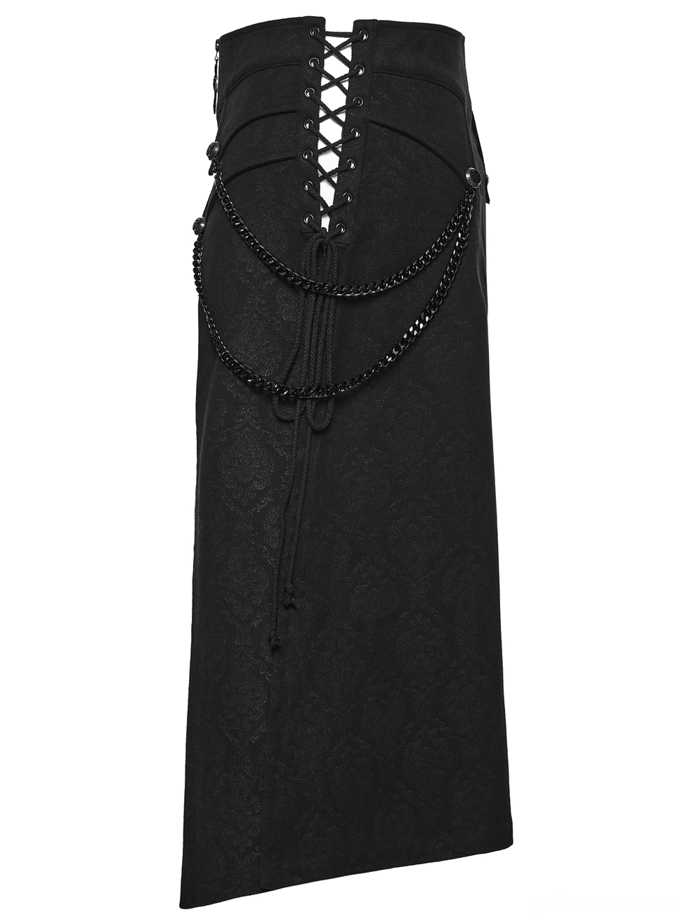 Black gothic kilt side flat lay view displaying chain trims along seams and tailored waistband construction