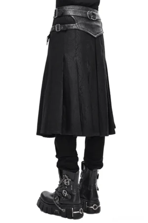 Men's dieselpunk kilt skirt with wide leather waist belt and platform boots - side view on white background