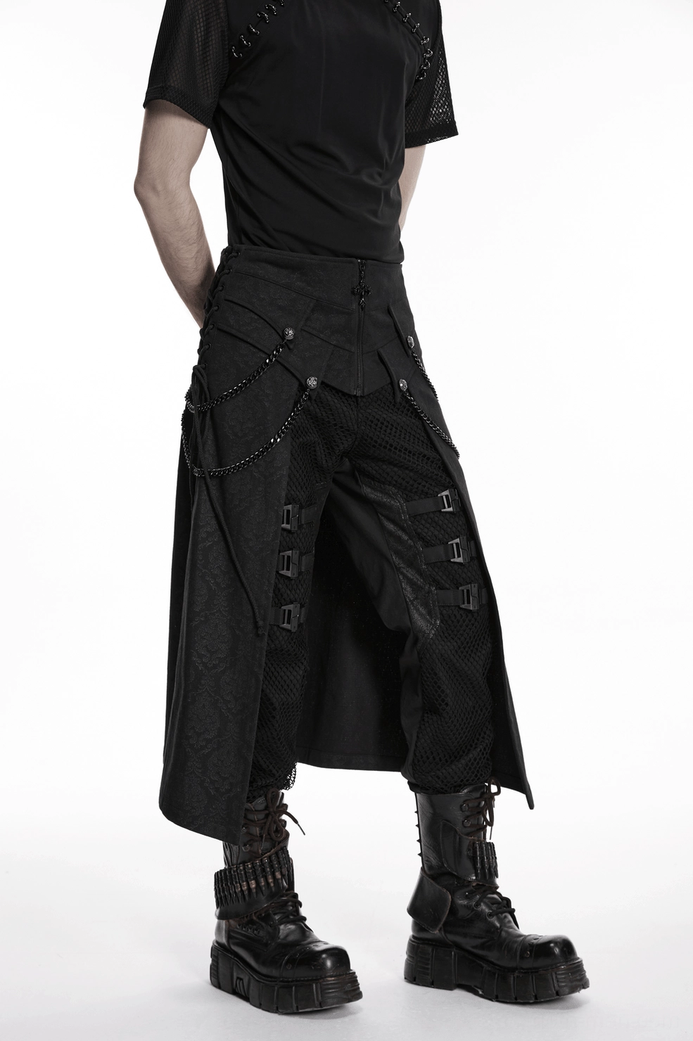 Black gothic kilt waistband and upper structure flat lay showing fitted silhouette and layered design composition