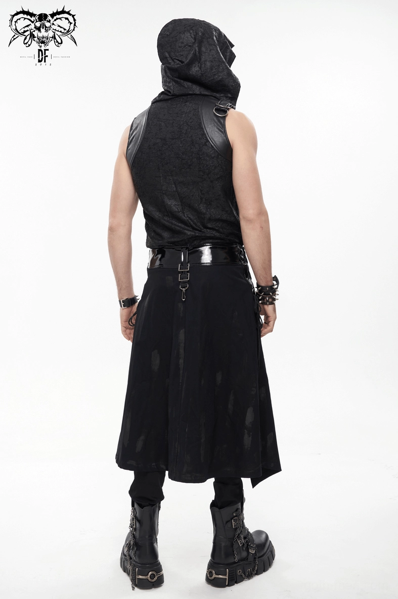 Close-up detail of black gothic punk kilt waistband showing metal rivets, clasp hardware, and leather construction