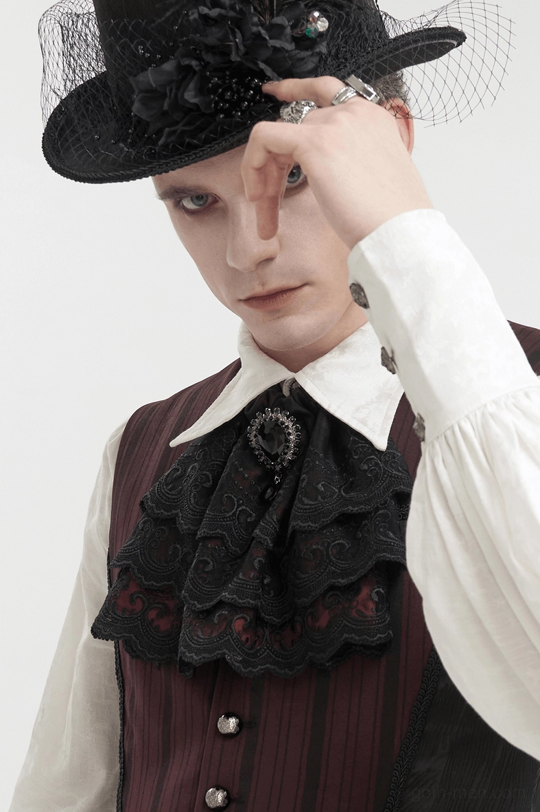 Black gothic lace cravat with wine red lining and faux diamond brooch, alternative neckwear accessory detail shot