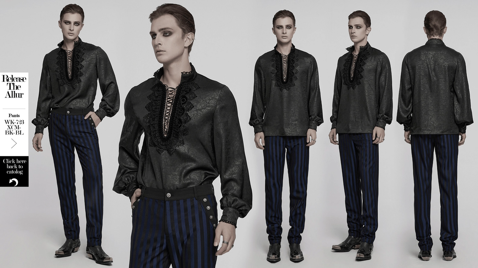 Product hero shot of black gothic lace drawstring shirt with stand-up collar for men
