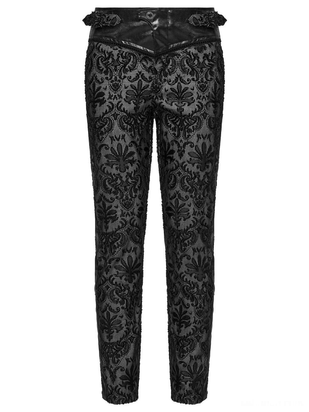Front flat lay of black gothic lace pants with intricate floral embroidery and leather waist yoke