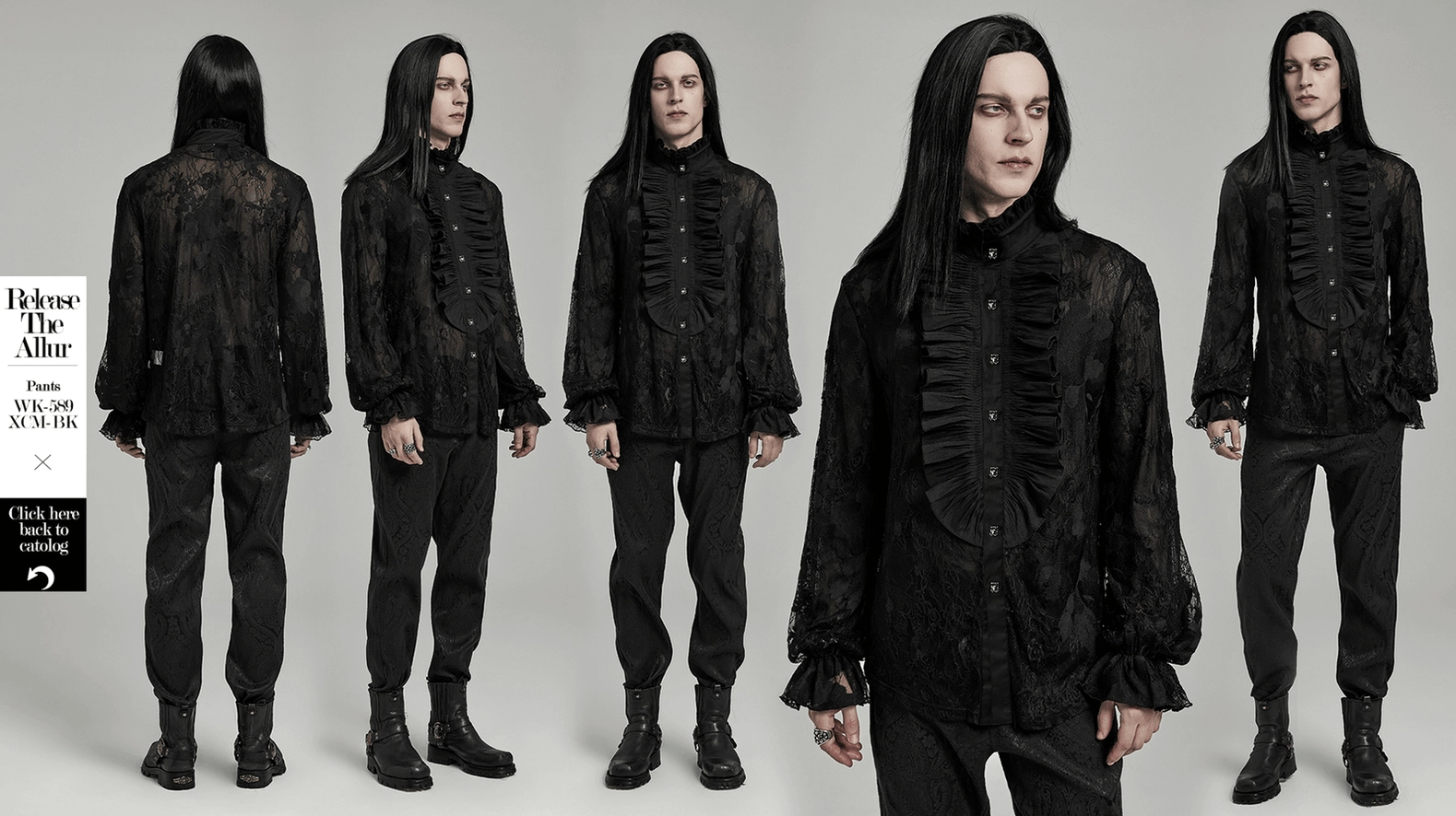 Final product photography of black gothic lace ruffled shirt highlighting overall silhouette and design elegance