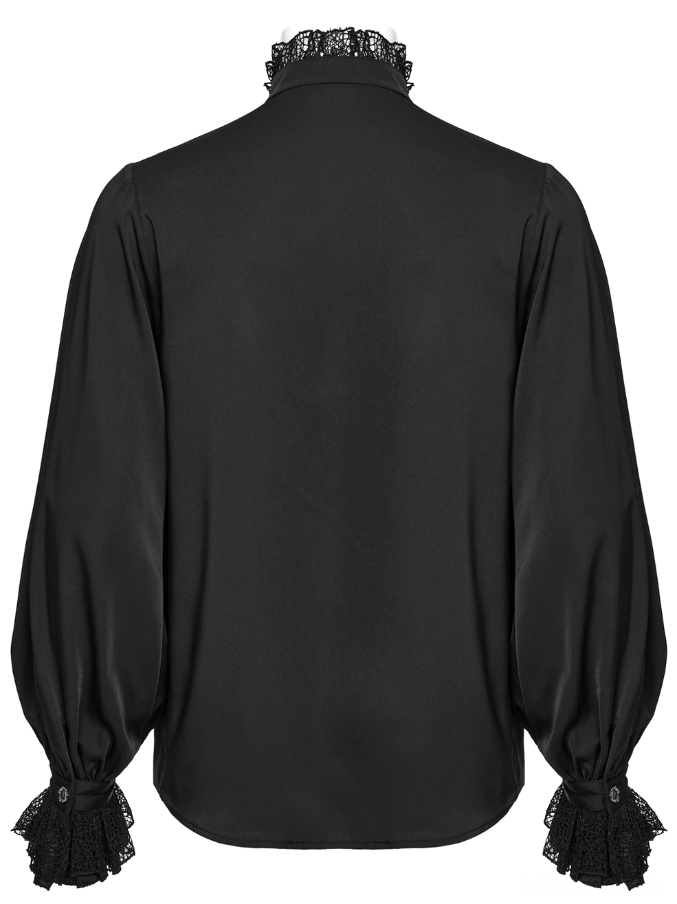 Black gothic lace shirt rear view on mannequin displaying solid back and lace-trimmed cuffs