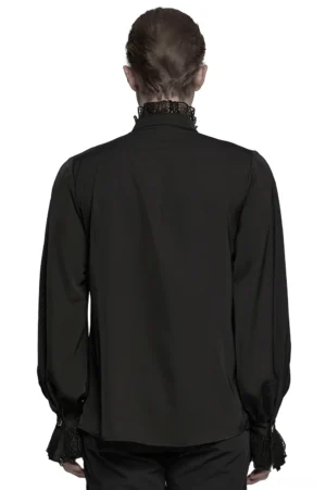 Black gothic lace shirt rear view showing lantern sleeves and lace-trimmed cuffs on male model