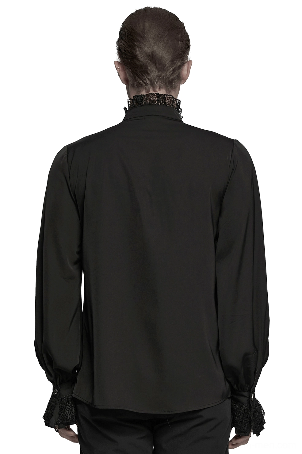 Black gothic lace shirt rear view showing lantern sleeves and lace-trimmed cuffs on male model
