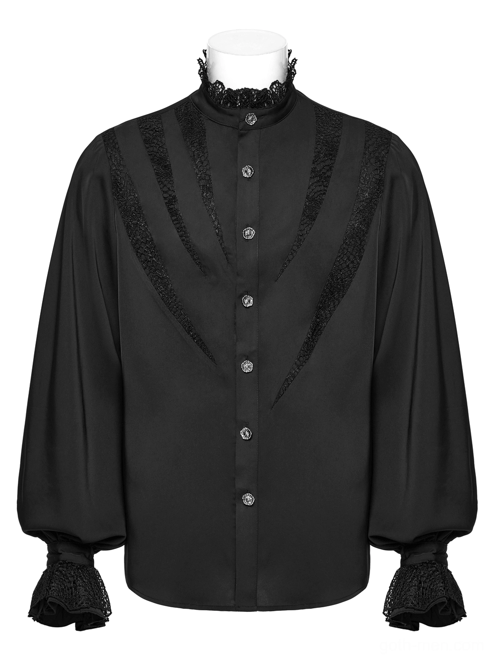 Black gothic lace shirt front detail showing ornate carved buttons and lace trimmed collar on mannequin