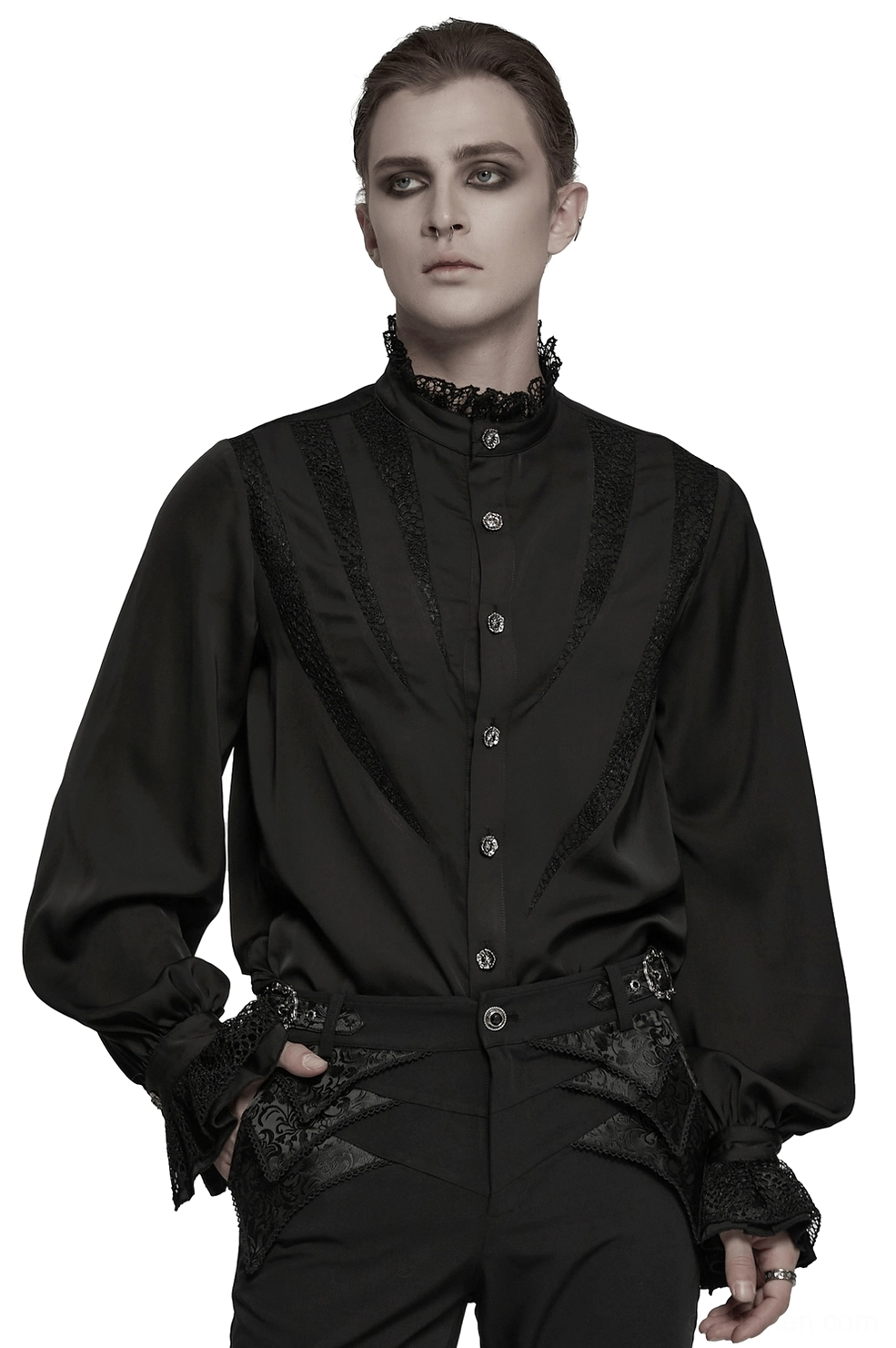Black gothic lace shirt with chevron front panels and ruffled collar, front view on male model