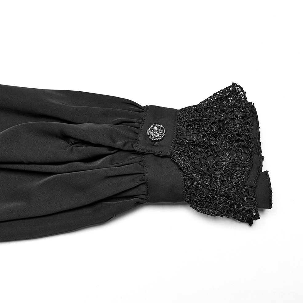 Black gothic lace shirt alternative angle detail showcasing chevron segmentation and lace construction