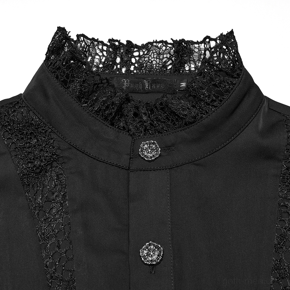 Close-up detail of black gothic shirt ruffled lace collar and ornate decorative button