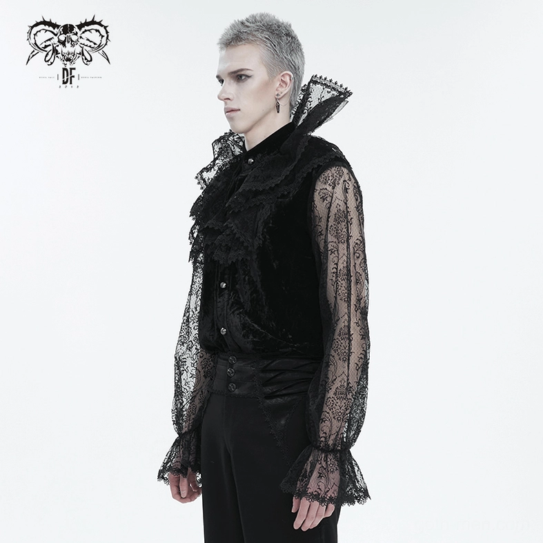 Black lace stand collar gothic shirt mannequin detail showing fitted silhouette and lace work