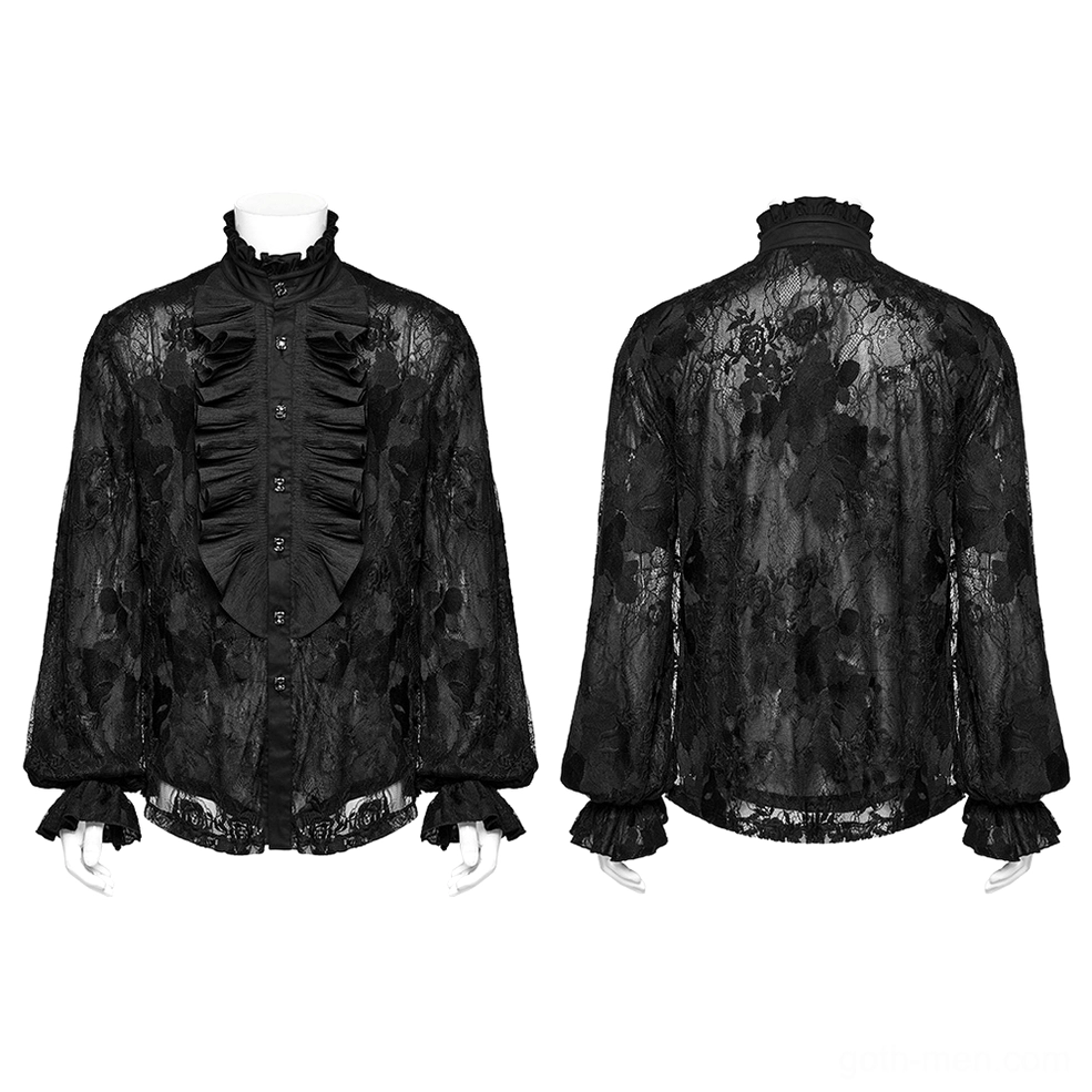 Black lace gothic ruffled shirt front and back flat lay display with decorative square buttons and gathered cuffs