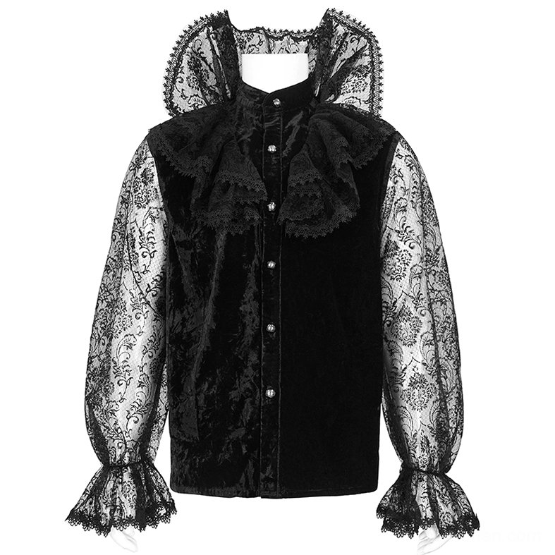 Black lace stand collar gothic shirt front closure with velvet panel on mannequin