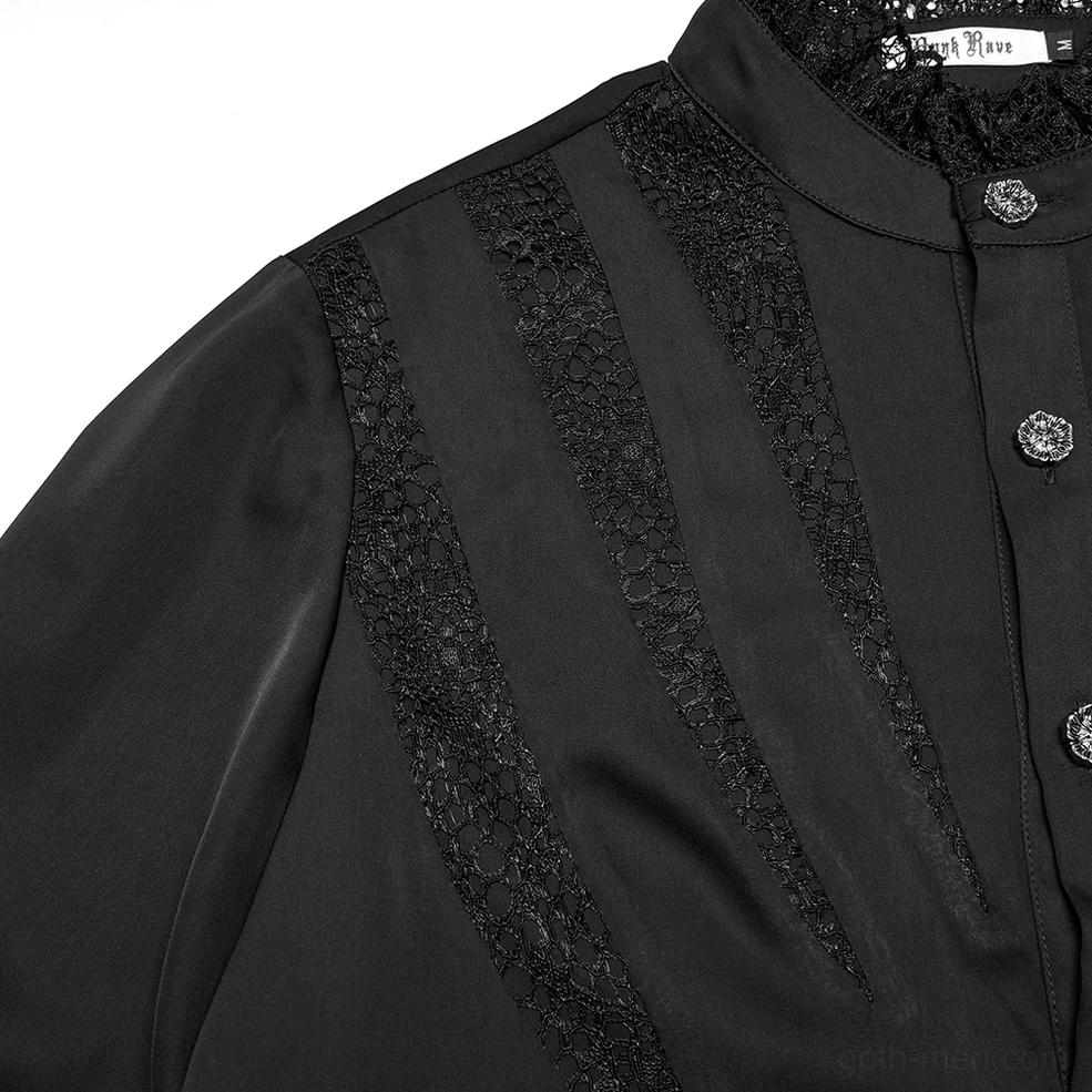 Close-up detail of black gothic shirt front placket with carved buttons and chevron lace trim panels