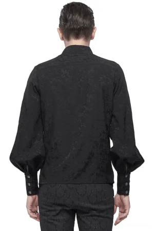 Black gothic lace ruffle shirt with lantern sleeves, back view showing jacquard texture and barrel cuff buttons on model