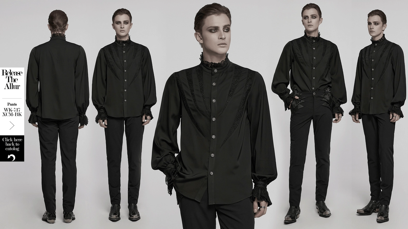 Black gothic lace shirt main product photograph displaying full garment construction and design