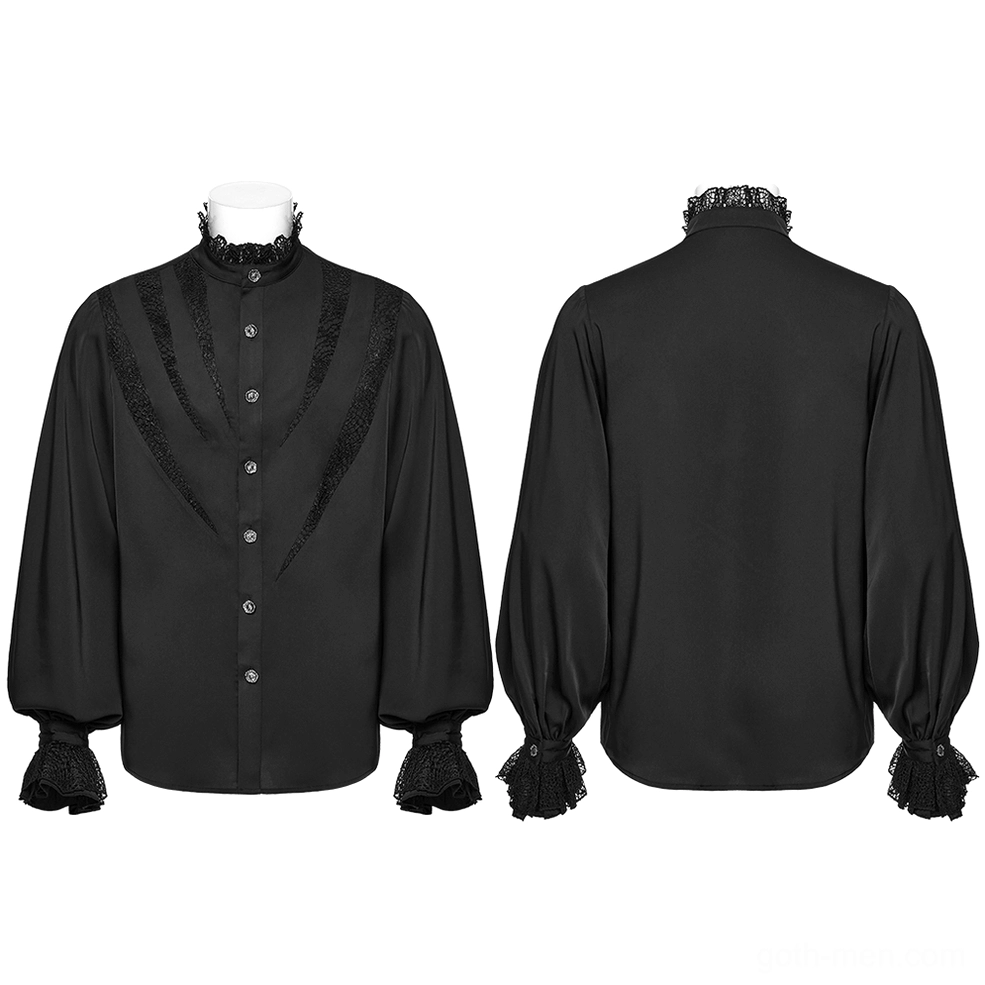 Black gothic lace shirt front and back view on dress form mannequin, complete 360 degree display