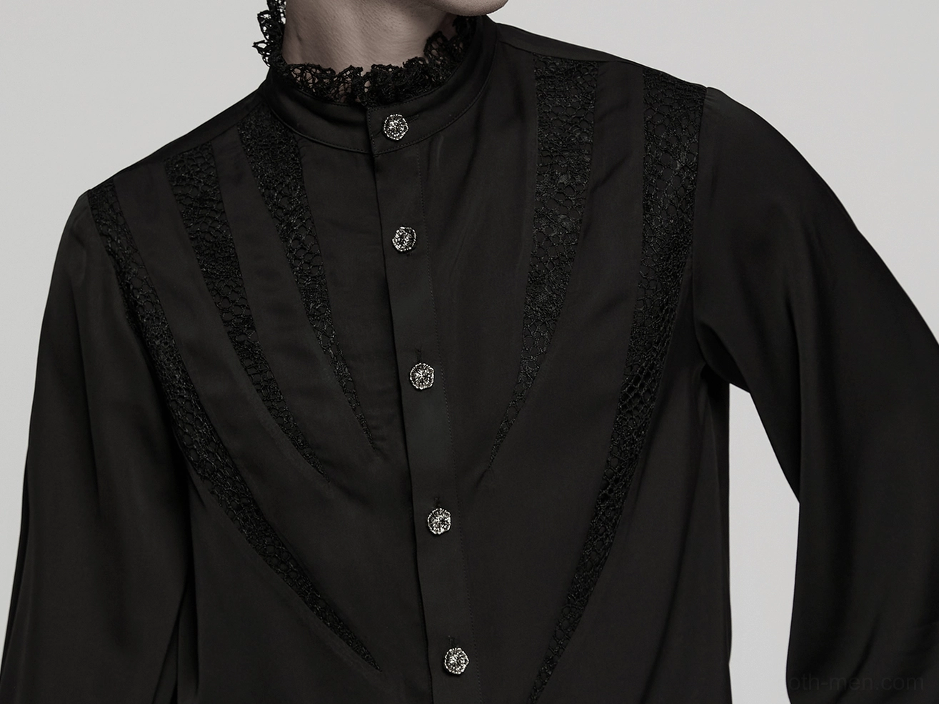 Black gothic lace shirt featuring ruffled collar and flowing chiffon construction overview