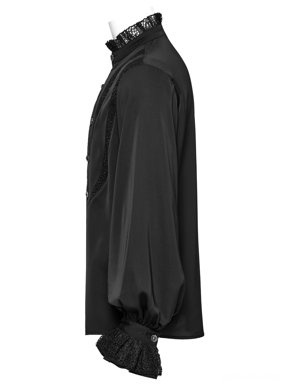 Black gothic lace shirt left side profile showing voluminous lantern sleeves and lace stand collar