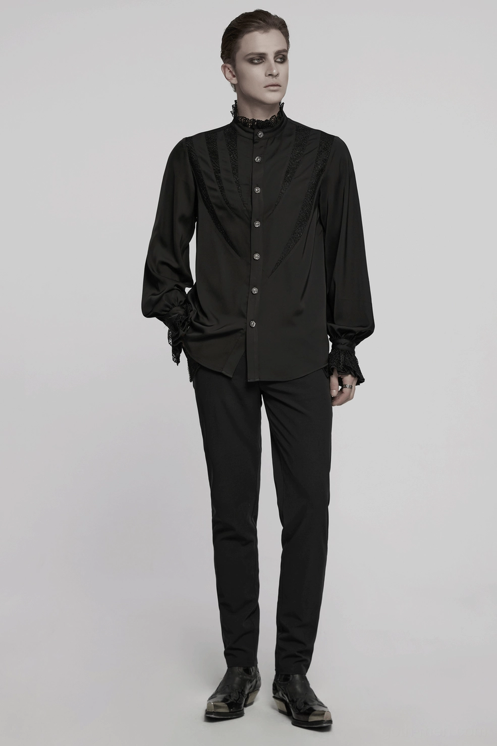 Black gothic lace shirt alternative worn view showcasing Victorian and steampunk styling potential