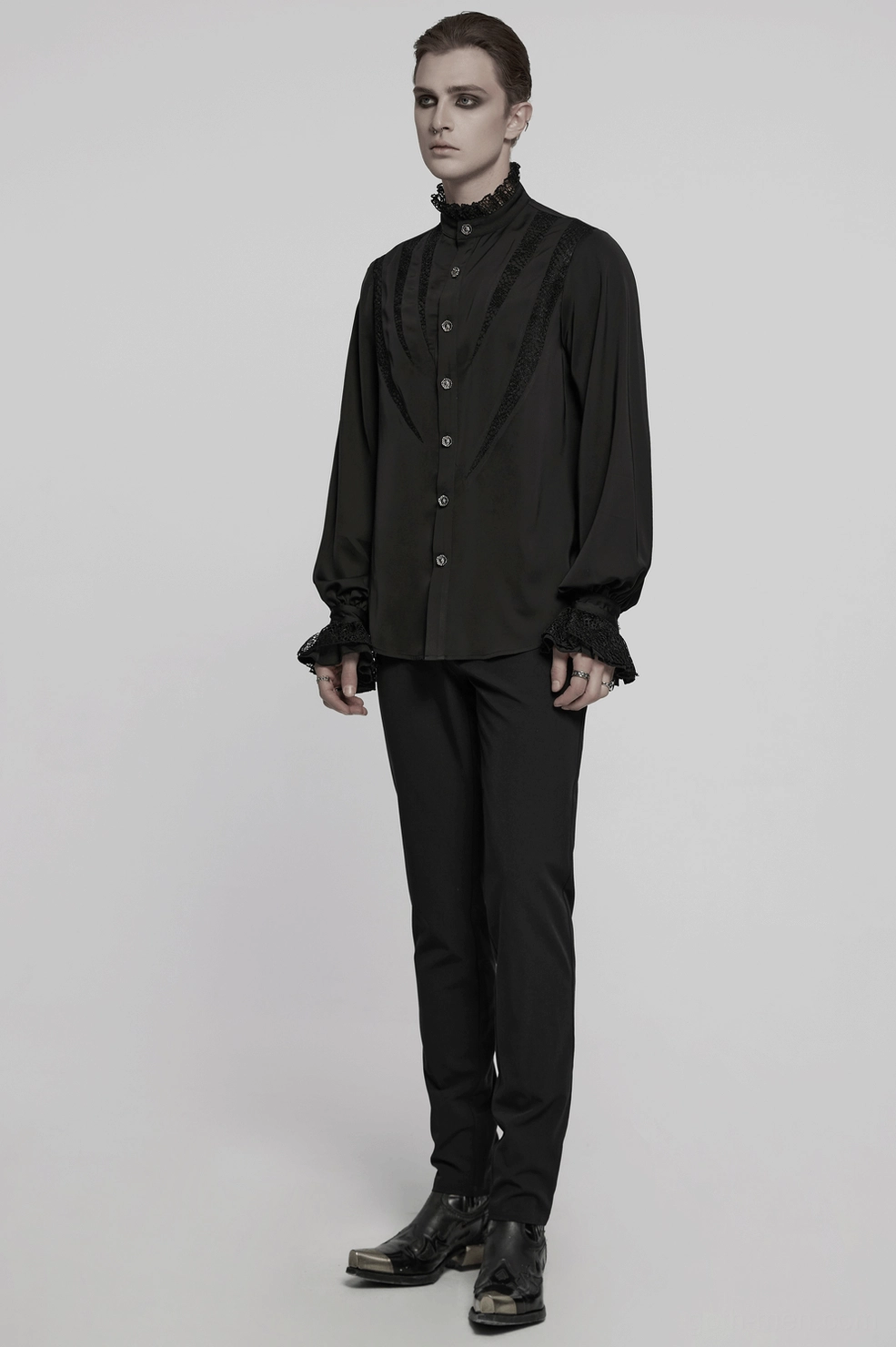 Black gothic lace shirt worn styling demonstration showing fit and drape on body