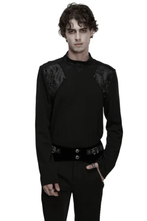 Men's black gothic mock neck sweatshirt with lace shoulder panels - front full-body view on model