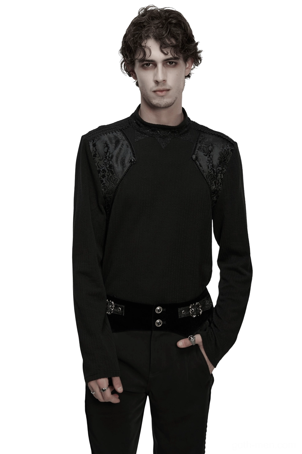 Men's black gothic mock neck sweatshirt with lace shoulder panels - front full-body view on model