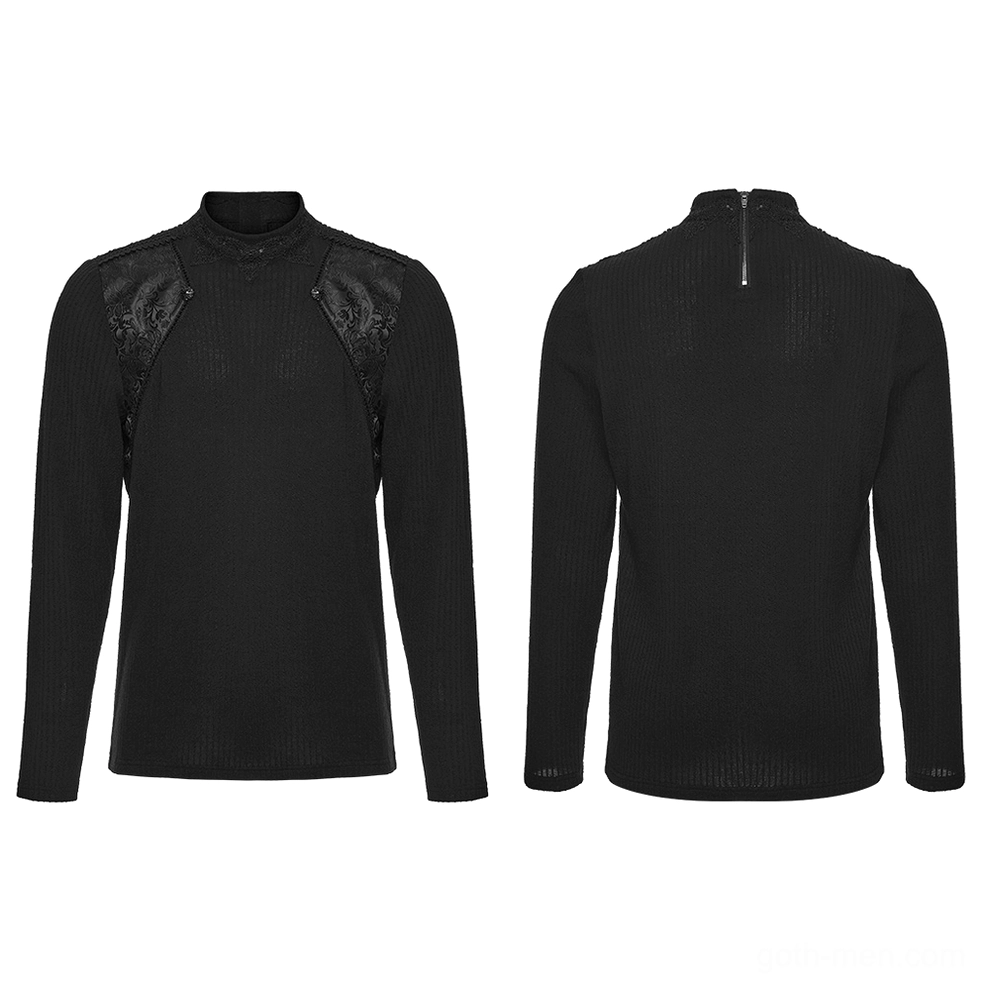 Black gothic mock neck sweatshirt flat lay front and back view with lace shoulder details