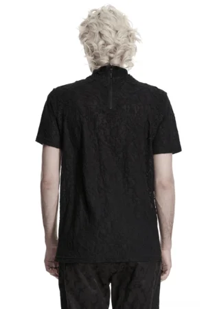 Black gothic lace tee back view featuring exposed rear zipper closure and fitted silhouette on male model