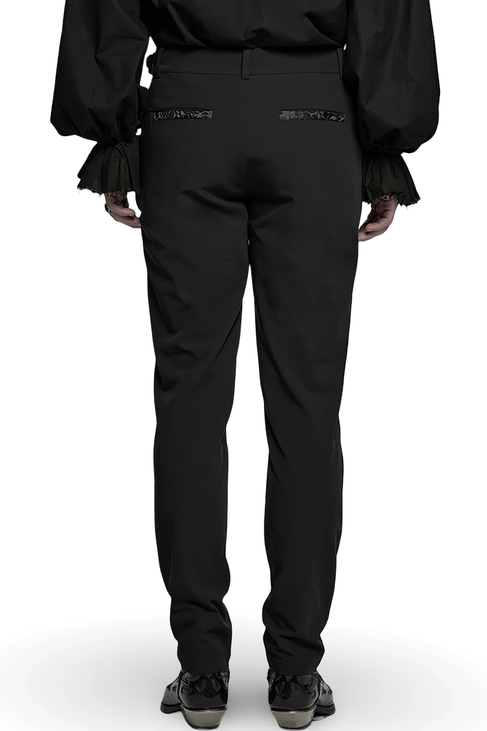 Black gothic lace trousers rear view on male model, displaying embroidered back waistband and vintage buckle waist system
