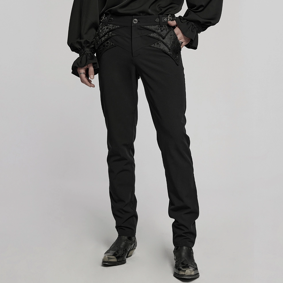 Black gothic lace trousers fabric texture close-up, displaying jacquard weave and lace embroidery detail composition
