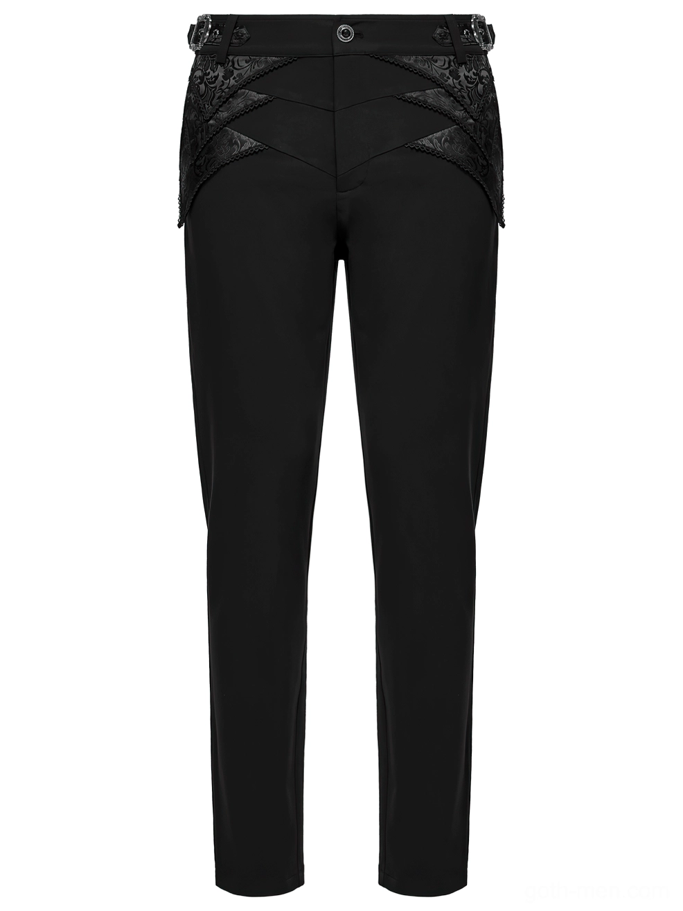 Black gothic lace trousers front flat lay, showcasing asymmetrical lace embroidery decoration and high waist construction
