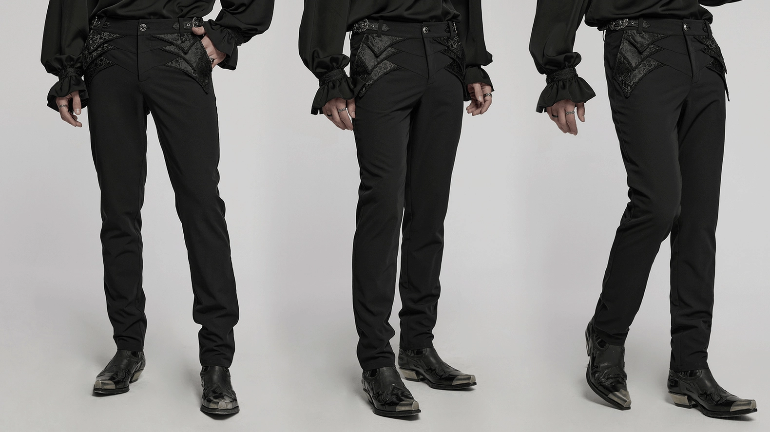 Black gothic lace trousers full body style view on male model, demonstrating complete silhouette and alternative fashion aesthetic
