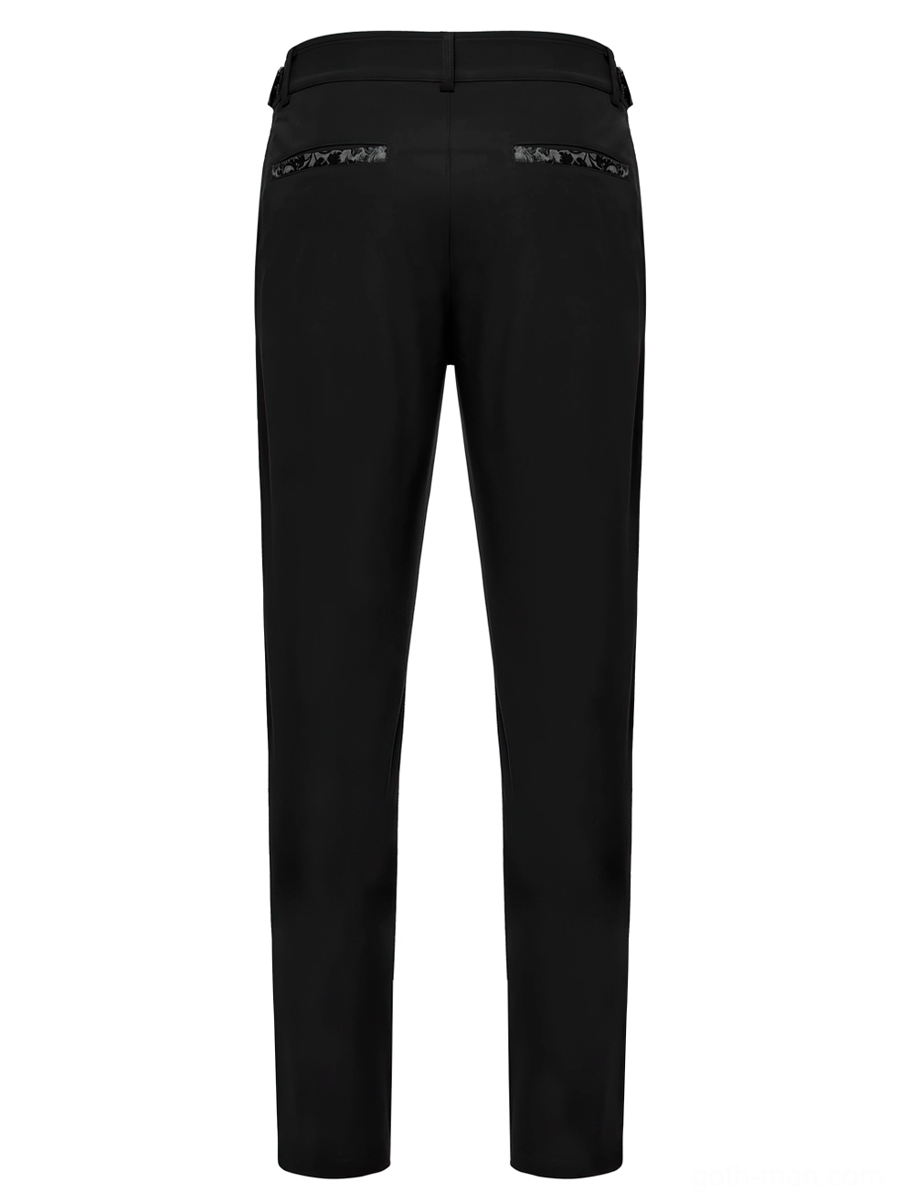 Black gothic lace trousers rear flat lay, displaying embroidered back waistband and clean tailoring craftsmanship